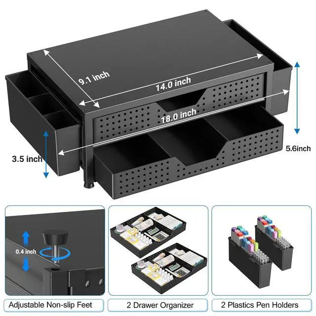 Alt view image 2 of 7 - Computer Monitor Stand Riser with 2 Drawers & 2 Pen Holders, Desk Organizer for Office Supplies, Laptop Stand for Desk, Workspace Desk Organizers and Accessories for Home Office, Black