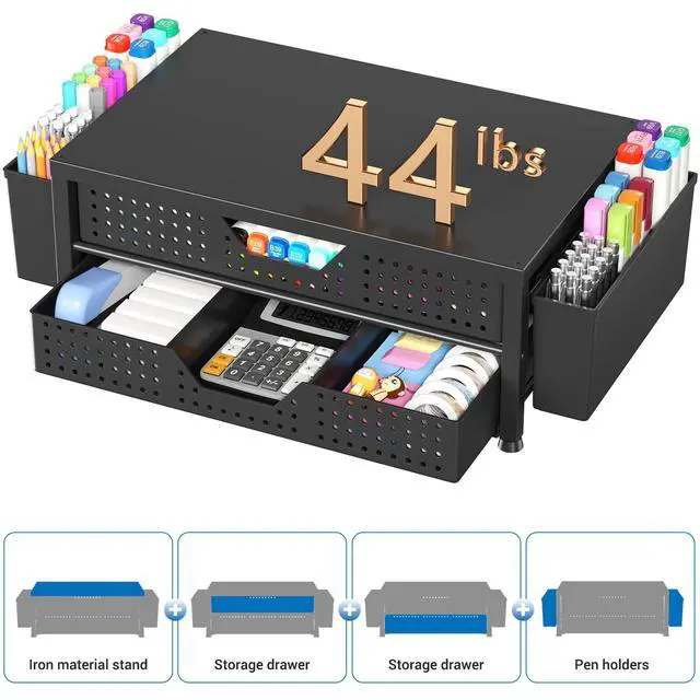Alt view image 3 of 7 - Computer Monitor Stand Riser with 2 Drawers & 2 Pen Holders, Desk Organizer for Office Supplies, Laptop Stand for Desk, Workspace Desk Organizers and Accessories for Home Office, Black
