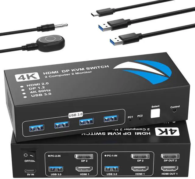 Main image of HDMI DisplayPort KVM Switch 2 Monitors 2 Computers, 4K@60Hz Dual Monitor KVM Switches HDMI DisplayPort for 2 Computers Share 2 Monitors and 4 USB Devices for Keybord Mouse Printer Hard Drive