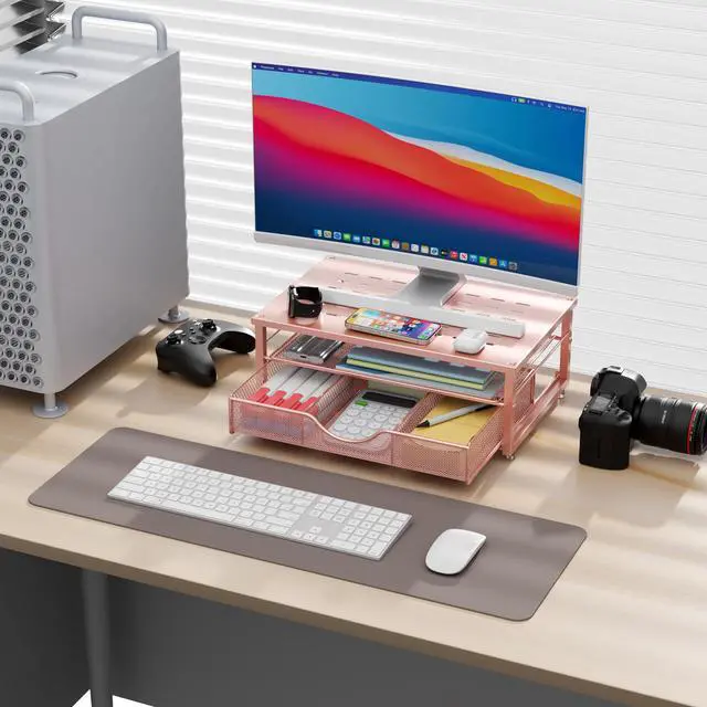 Alt view image 2 of 7 - Computer Monitor Stand Riser, office organizer with Drawer, Office Organizers Storage for Classroom Office Supplies (Rose)