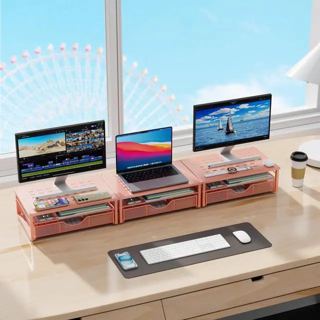 Alt view image 6 of 7 - Computer Monitor Stand Riser, office organizer with Drawer, Office Organizers Storage for Classroom Office Supplies (Rose)