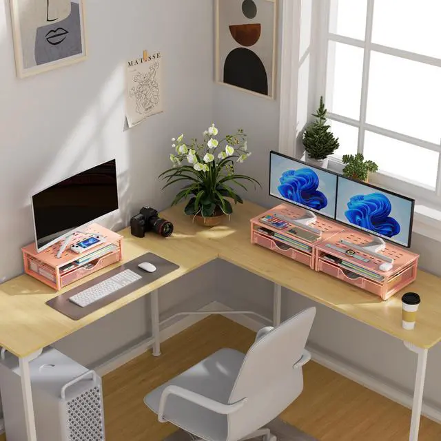 Alt view image 7 of 7 - Computer Monitor Stand Riser, office organizer with Drawer, Office Organizers Storage for Classroom Office Supplies (Rose)
