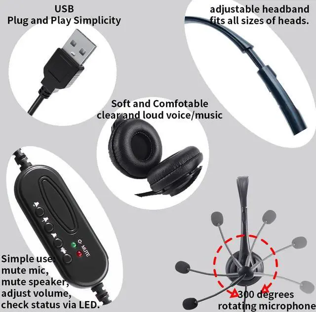Alt view image 2 of 6 - Computer USB Headset with Mic, Wired Headphones with Microphone for PC, Laptop (Black Slender)