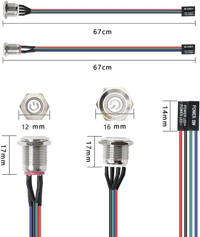 Alt view image 6 of 6 - Chassis Switch - Metal Button, PC Case LED Power Button ATX Supply On/Off for DIY Computer - 60cm, 12mm
