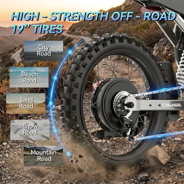 Alt view image 4 of 7 - COSWHEEL R19 Electric Dirt Bike for Teens Adults,9000W Peak Motor & 60MPH Electric Motorcycle,72V 40AH Battery 125 Miles Range,19" Tire Off-Road E-Bike with Hydraulic Brakes & Full Shock Absorption