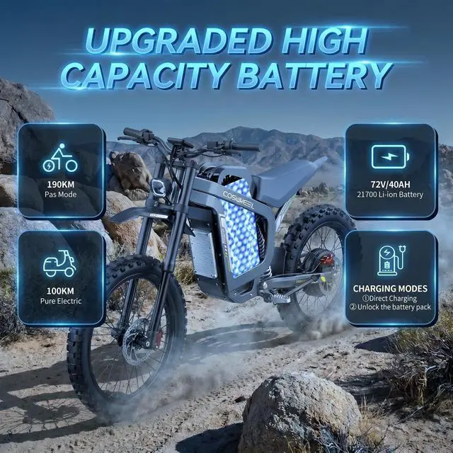 Alt view image 5 of 7 - COSWHEEL R19 Electric Dirt Bike for Teens Adults,9000W Peak Motor & 60MPH Electric Motorcycle,72V 40AH Battery 125 Miles Range,19" Tire Off-Road E-Bike with Hydraulic Brakes & Full Shock Absorption