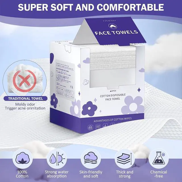 Alt view image 12 of 12 - Face Towels, Disposable Face Towelette, Makeup Remover Dry Wipes 100 Count(2 Box), Soft Cotton Dry Wipes Facial Cloths Towelettes for Washing and Drying, Facial Tissue for Cleansing, Skincare