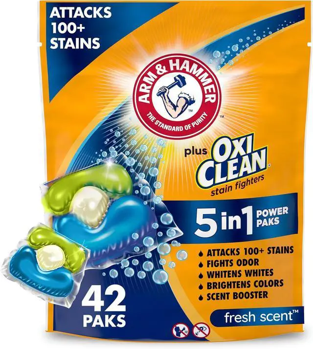 Alt view image 5 of 8 - ARM & HAMMER Plus OxiClean 5in1 Laundry Detergent Power Paks, Fresh Scent, 42Count, PreMeasured HECompatible Laundry Pacs