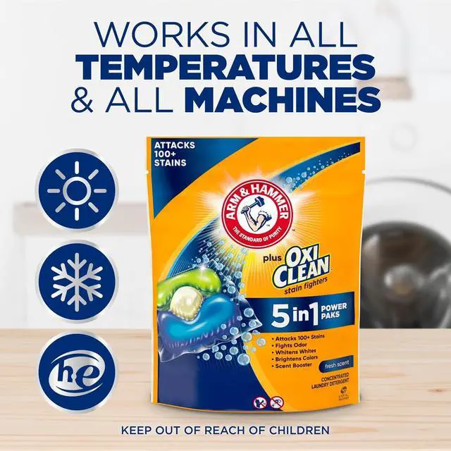 Alt view image 6 of 8 - ARM & HAMMER Plus OxiClean 5in1 Laundry Detergent Power Paks, Fresh Scent, 42Count, PreMeasured HECompatible Laundry Pacs