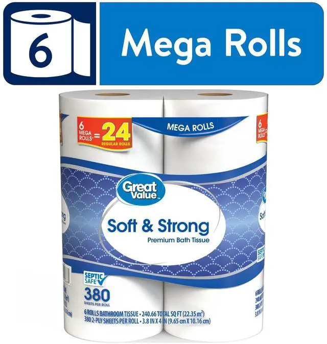 Alt view image 3 of 6 - Great Value Soft & Strong Premium Toilet Paper, 6 Mega Rolls, 380 Sheets per Roll