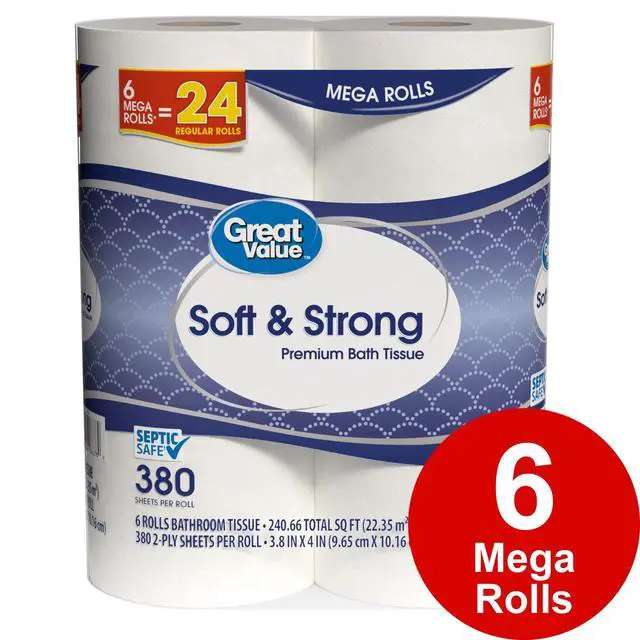 Alt view image 4 of 6 - Great Value Soft & Strong Premium Toilet Paper, 6 Mega Rolls, 380 Sheets per Roll