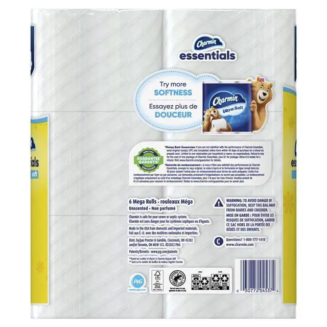 Alt view image 3 of 6 - Charmin Essentials Soft Toilet Paper 6 Mega Rolls, 330 Sheets Per Roll