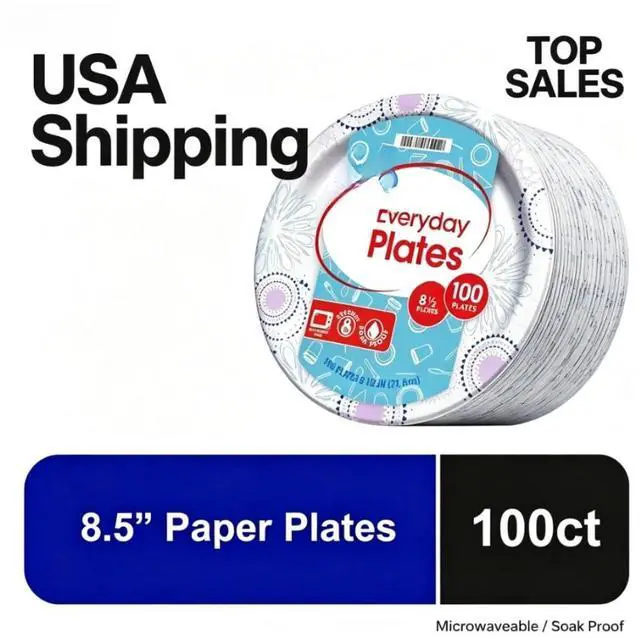 Main image of Great Value 8.5 Inch Disposable Paper Plates, 100 Count, Soak-Proof and Microwave Safe