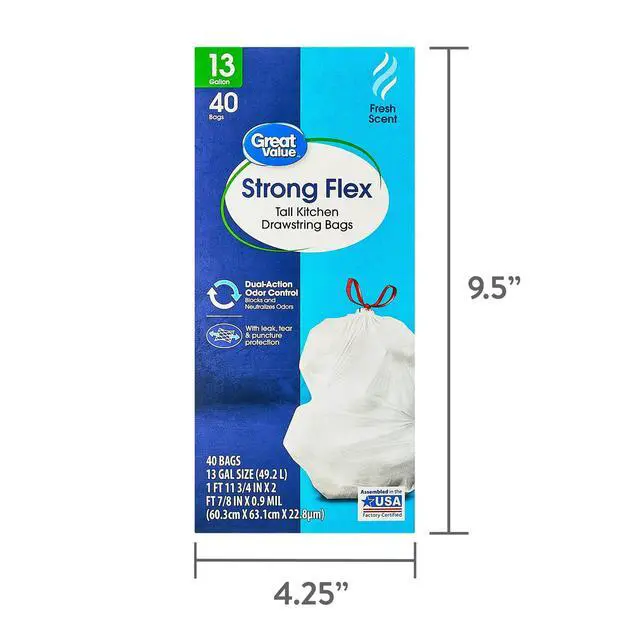 Alt view image 6 of 6 - Great Value Strong Flex 13-Gallon Drawstring Tall Kitchen Trash Bags, Fresh Scent, 40 Bags