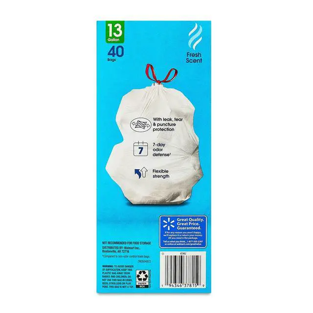 Alt view image 2 of 6 - Great Value Strong Flex 13-Gallon Drawstring Tall Kitchen Trash Bags, Fresh Scent, 40 Bags