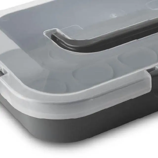 Alt view image 2 of 6 - Mainstays Rectangular Cupcake & Cake Carrier with Lid, Handle, Clasps & Removeable Flippible Cupcake Tray, Grey Plastic