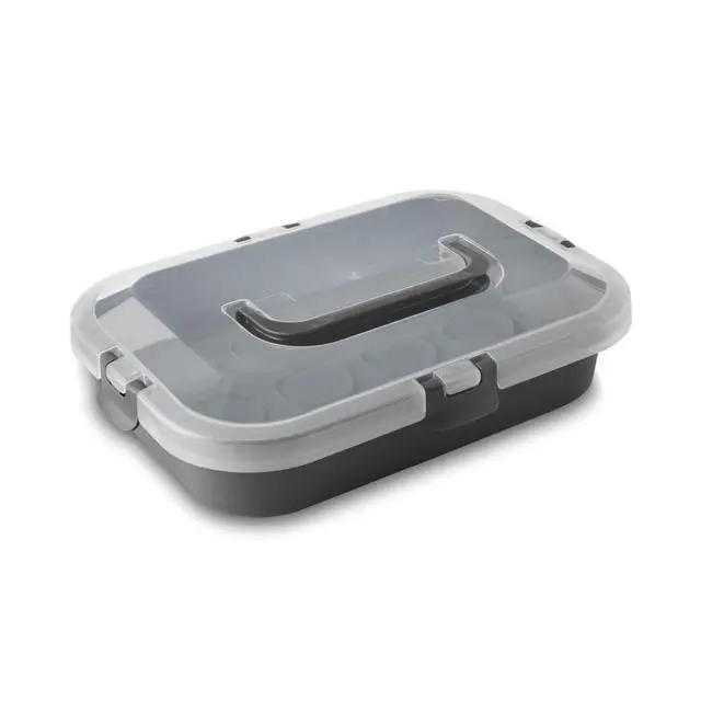 Alt view image 3 of 6 - Mainstays Rectangular Cupcake & Cake Carrier with Lid, Handle, Clasps & Removeable Flippible Cupcake Tray, Grey Plastic
