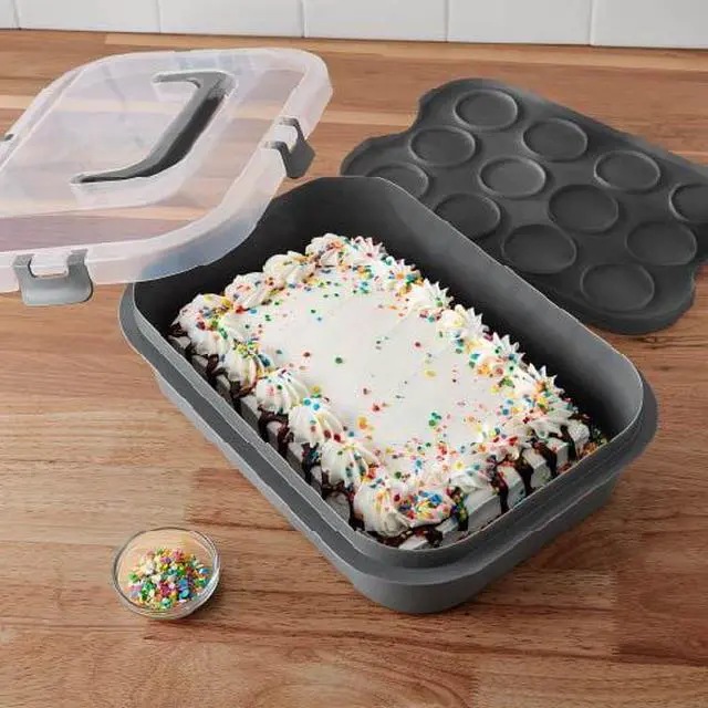Alt view image 6 of 6 - Mainstays Rectangular Cupcake & Cake Carrier with Lid, Handle, Clasps & Removeable Flippible Cupcake Tray, Grey Plastic