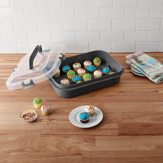 Alt view image 4 of 6 - Mainstays Rectangular Cupcake & Cake Carrier with Lid, Handle, Clasps & Removeable Flippible Cupcake Tray, Grey Plastic