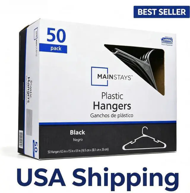 Main image of Mainstays Black Plastic Clothes Hangers, 50-Count, Lightweight and Durable