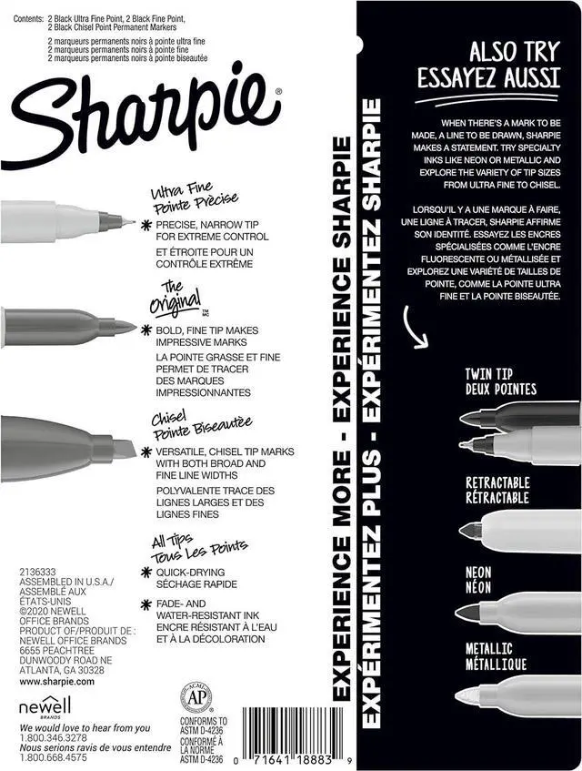 Alt view image 4 of 6 - Sharpie Permanent Markers Variety Pack, Includes Chisel, Fine, and Ultra-Fine Tips, Black, 6 Count - Poster, Office, School Supplies