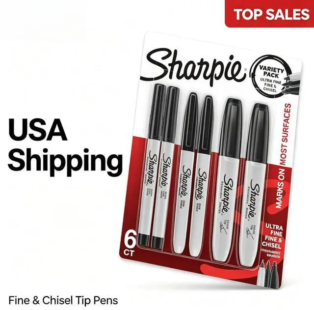 Main image of Sharpie Permanent Markers Variety Pack, Includes Chisel, Fine, and Ultra-Fine Tips, Black, 6 Count - Poster, Office, School Supplies