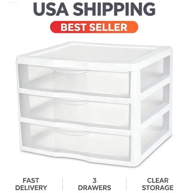 Main image of Sterilite Wide 3 Drawer Unit, Countertop and Desktop Organizer with Clear Storage Drawers, White