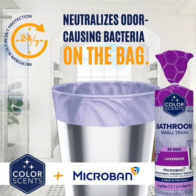 Alt view image 4 of 6 - Color Scents 4 Gallon Bathroom Trash Bags Lavender Scent, Microban, Twist Tie, 80 Count