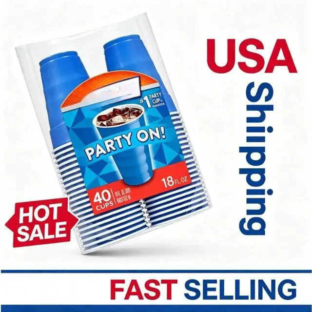 Main image of Hefty Party On Disposable Plastic Party Cups, Blue, 18 oz., 40 Count