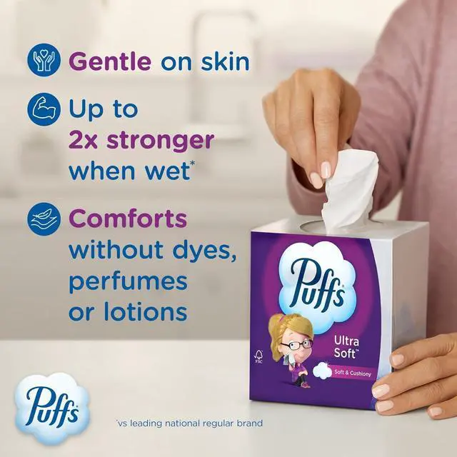 Alt view image 4 of 6 - Puffs Facial Tissues Ultra Soft, 4 Family Boxes, 124 Facial Tissues per Box, Allergies and Colds (Packaging May Vary)