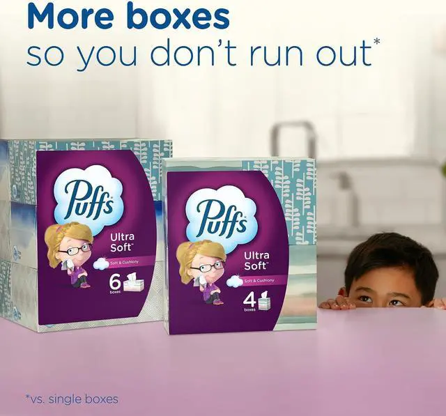 Alt view image 3 of 6 - Puffs Facial Tissues Ultra Soft, 4 Family Boxes, 124 Facial Tissues per Box, Allergies and Colds (Packaging May Vary)