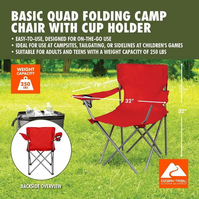 Alt view image 4 of 6 - Ozark Trail Quad Folding Camp Chair with Cup Holder, Bright Red
