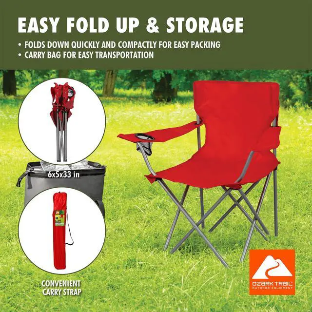 Alt view image 3 of 6 - Ozark Trail Quad Folding Camp Chair with Cup Holder, Bright Red