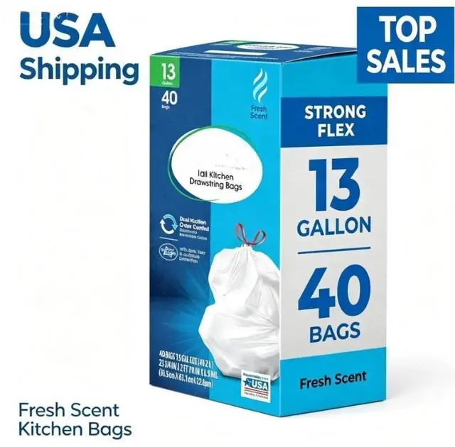 Main image of Great Value Strong Flex 13-Gallon Drawstring Tall Kitchen Trash Bags, Fresh Scent, 40 Bags