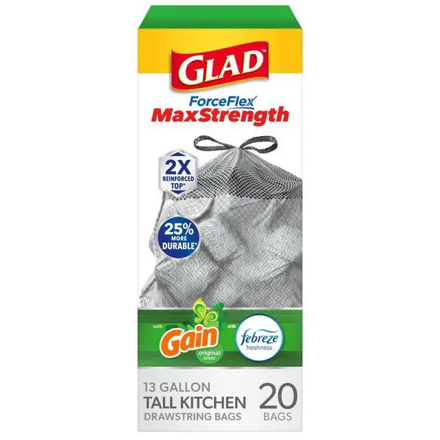 Alt view image 3 of 6 - Glad ForceFlex MaxStrength 13-Gallon Drawstring Tall Trash Bags, Gain Original Scent, 20 Bags