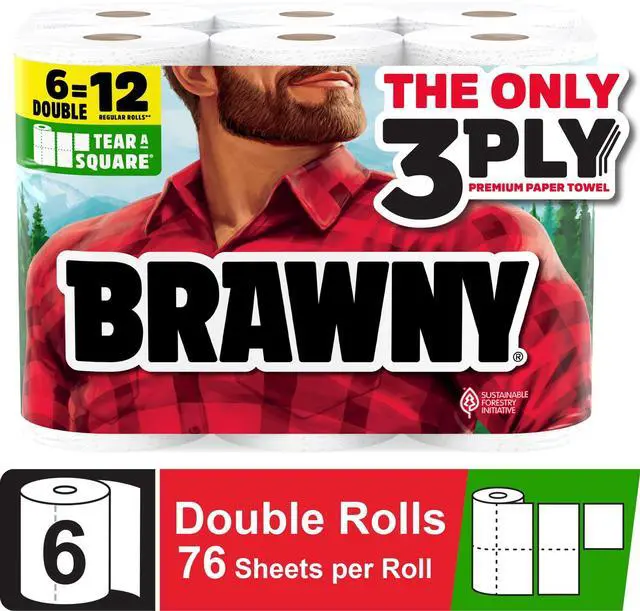Main image of Brawny Tear-A-Square 3-Ply Paper Towels, 6 Double Rolls, 76 Sheets per Roll