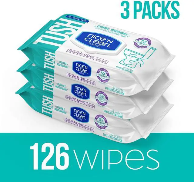 Main image of Nice 'N CLEAN SecureFLUSH Alcohol Free Flushable Wipes, Gentle for Sensitive Skin, 3 Flip-Top Packs (126 Total Wipes)
