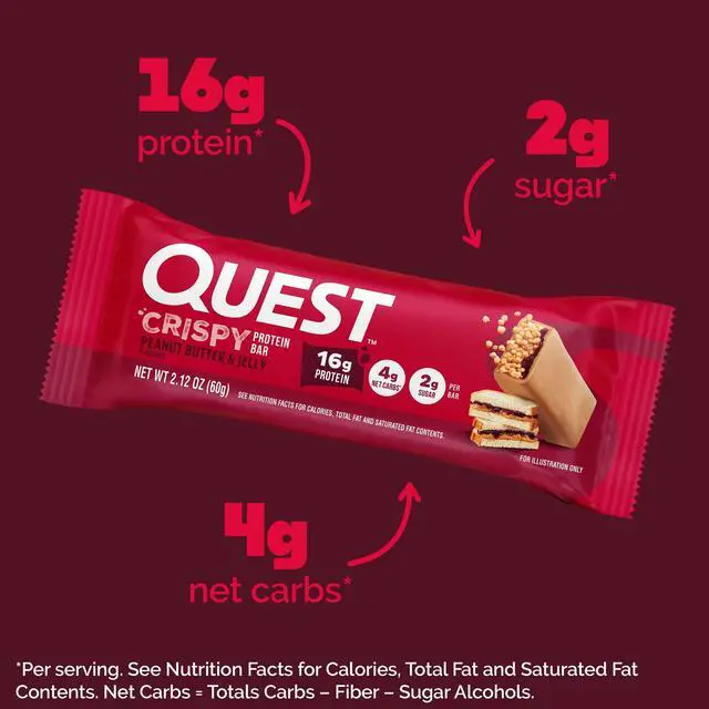 Alt view image 5 of 6 - Quest Crispy 18g Protein Bar, Low Carb, Peanut Butter and Jelly, 2.12oz, 4 Count