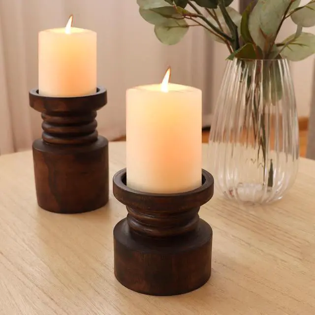 Alt view image 4 of 5 - Mainstays Decorative Wood Pillar Candleholder, Dark Brown, 4"