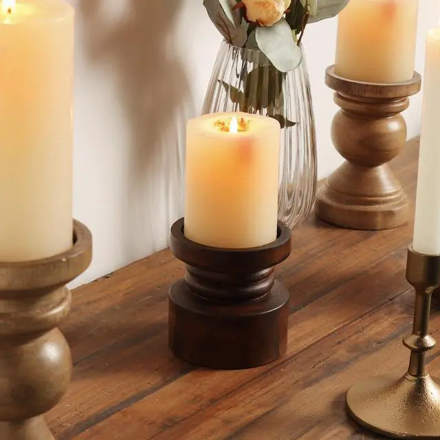 Main image of Mainstays Decorative Wood Pillar Candleholder, Dark Brown, 4"