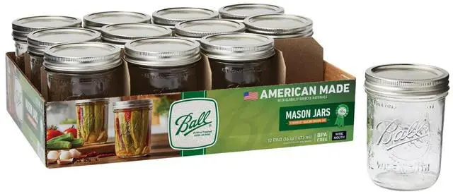 Main image of Ball, Glass Mason Jars with Lids & Bands, Wide Mouth, Clear, 16 oz, 12 Count