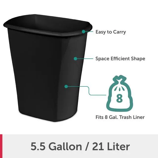 Alt view image 6 of 6 - Sterilite Small Bathroom Trash Can, 5.5 Gallon Plastic Garbage Bucket Bin with No Lid, Black