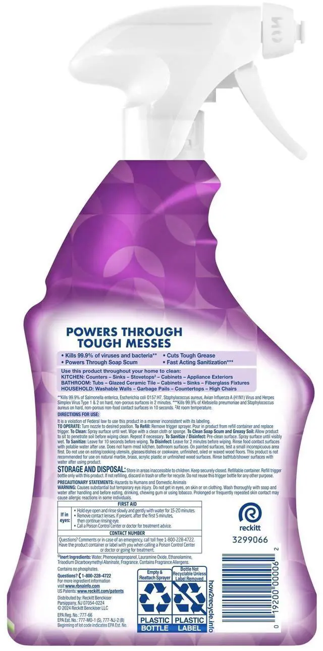Alt view image 2 of 6 - Lysol® All-Purpose Cleaner, Sanitizing and Disinfecting Spray, Lavender & Cotton Blossom, 32 fl oz