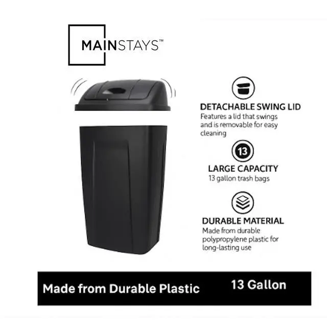 Alt view image 4 of 5 - Mainstays Kitchen Trash Can, 13 Gallon Plastic Garbage Bin with Swing Top Lid, Black