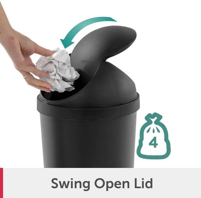 Alt view image 3 of 7 - Sterilite Small Bathroom Trash Can, 3 Gallon Plastic Garbage Bucket Bin with Swing Top Lid, Black