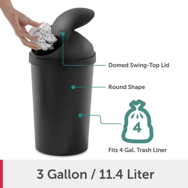 Alt view image 7 of 7 - Sterilite Small Bathroom Trash Can, 3 Gallon Plastic Garbage Bucket Bin with Swing Top Lid, Black