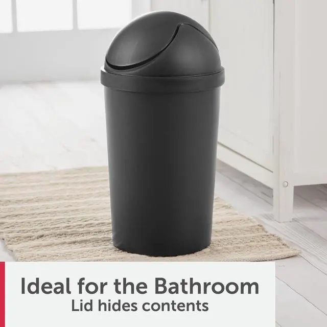 Alt view image 4 of 7 - Sterilite Small Bathroom Trash Can, 3 Gallon Plastic Garbage Bucket Bin with Swing Top Lid, Black