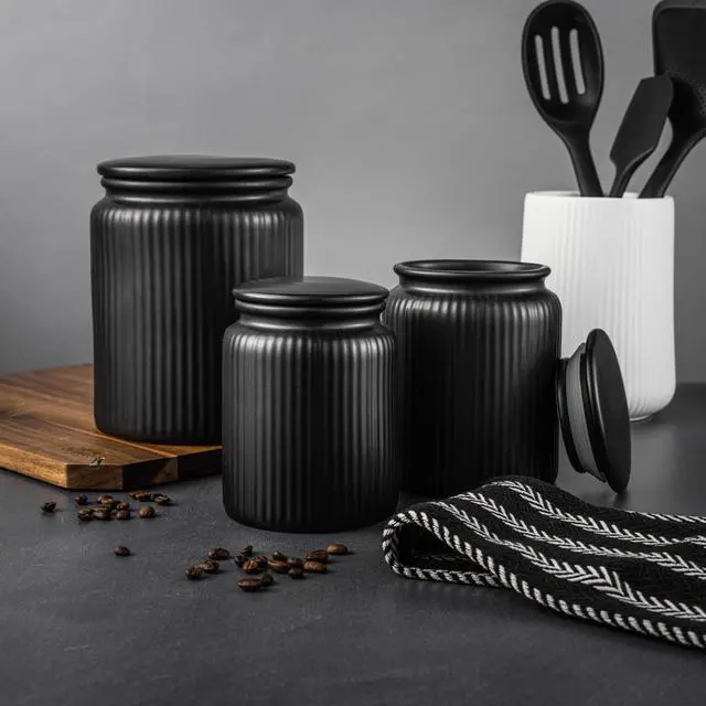 Alt view image 2 of 5 - Thyme & Table Small (580mL) Ceramic Ribbed Kitchen Organization Jar, Black