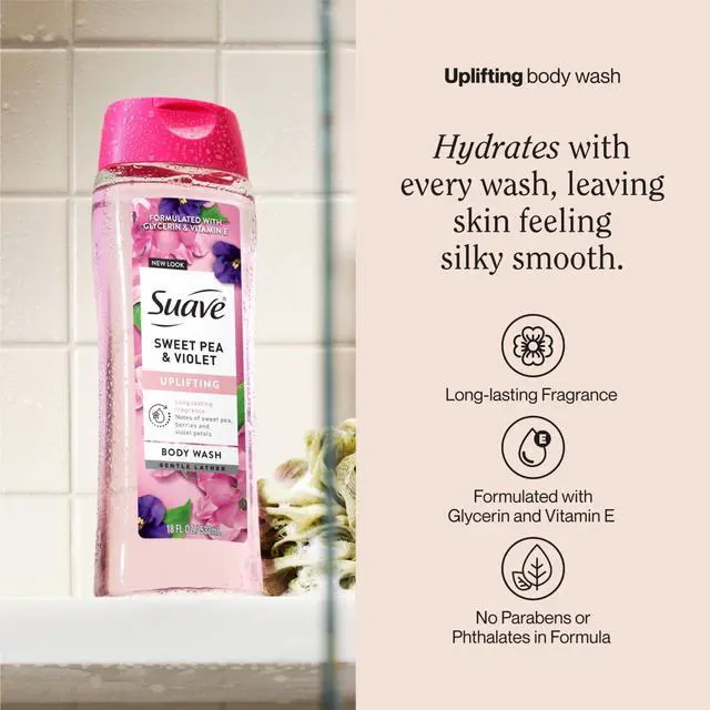 Alt view image 6 of 6 - Suave Sweet Pea & Violet Moisturizing Body Wash with Glycerin & Vitamin E, 18 FL OZ
