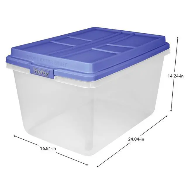 Alt view image 3 of 7 - Hefty HI-RISE 72 Quart Large Latching Storage Bin, Clear Plastic Storage Container with HI-RISE Latch Lid, Blue